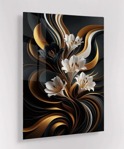 Online Schilderij - Glas schilderij - Black & Gold Elegance - 60x40 cm - Foto op glas - Wanddecoratie - bloemen