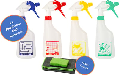 4 x Sprayflacon Met Sprayer, Schaalverdeling & Pictogram 600 ml Keuken, Sanitair, Interieur, Desinfectie