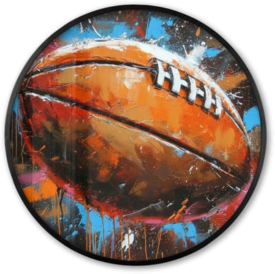 Poster in lijst Rond - Fotolijst 60x60 cm - Posters - Graffiti - Rugby - Kleurrijk - Rugbybal - Ronde posterlijst zwart - Decoratie - Wanddecoratie woonkamer - Muurdecoratie slaapkamer