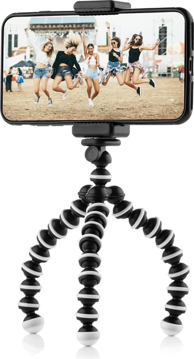 Flexibel mini-statief met extra flexibele poten - Maximale werkhoogte 16,4 cm - Met telefoonhouder voor smartphones tot 8,4 cm breed - Tripod telefoon - Zwart/Wit