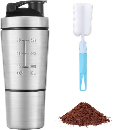 Proteïneshaker-fles 700 ml roestvrij staal, 200 ml bewaarbeker en mixbal, gymshaker voor proteïneshakes