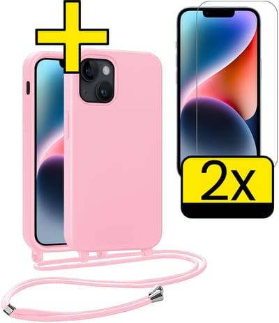 Hoesje Geschikt voor iPhone 13 Mini Hoesje Met Koord Met 2x Screenprotector Siliconen Case - Hoes Geschikt voor iPhone 13 Mini Backcover Met Afneembaar Koord - Lichtroze