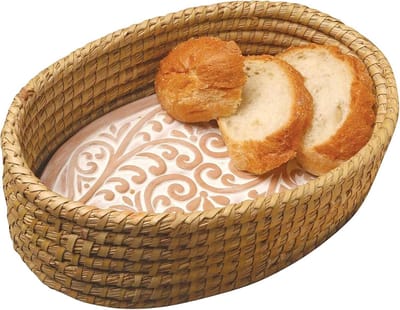 Broodwarmermand met steen - Broodmand Rotimand - Brood warm houden - Met terracotta steen - 31.8 cm lengte - Natuurlijk rieten