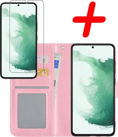 Hoesje Met Screenprotector - Geschikt voor Samsung Galaxy S22 - Luxe Pasjeshouder - Bookcase Portemonee - Flip Case - Kunstleer Book Case - Flipcase - Book Cover - Walletcase - Portemonneehoes - Lichtroze