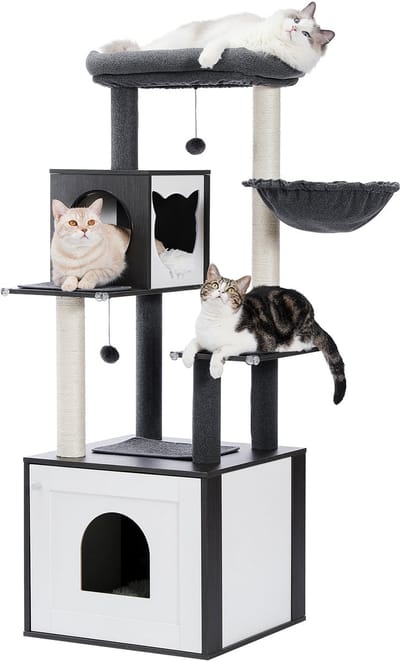 QUESTYR - Krabpaal - 144 CM - Alle Katten - Hangmat + Speelballen - Kattenbak‑kast - Houten Toren - Zwart