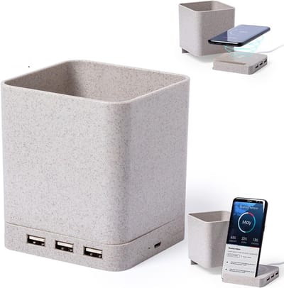 Organizer Bureau met Draadloos Opladen, USB Hub (3 Poorten) en Pennenhouder - Eco-vriendelijk Tarwestro