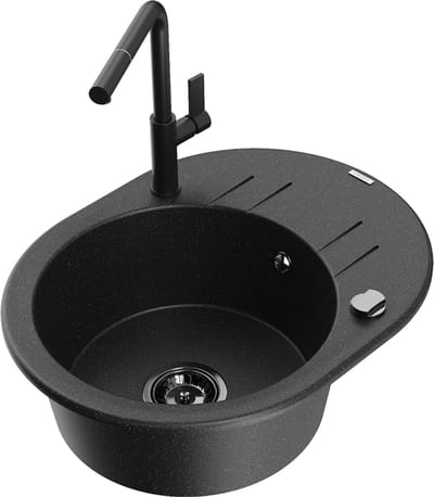 Mexen Kevin granieten gootsteen 1-kamer met afdruiprek en keukenkraan Flora, zwart/zilver metallic - 6517-73-670401-70-B