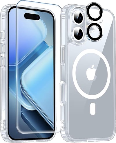 Stravo Clear Hoesje - Geschikt voor iPhone 16 Plus - 3-in-1 Magnetische Hoes met Magsafe, Glazen Schermbeschermer, Cameralensbeschermer en Volledige Bescherming, Transparante Achterkant met Anti-vergeling，Magnetic Phone Case