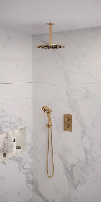 Brauer Gold Edition thermostatische inbouw regendouche 3-weg omstelling SET 36 met 30 cm douchekop en plafondarm en 3-standen handdouche en doucheslang en wandaansluitbocht goud geborsteld PVD