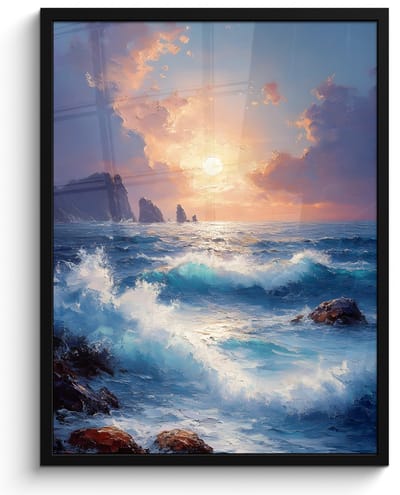 Poster in lijst - Fotolijst 50x70 cm - Posters - Golven - Zee - Kleurrijk - Rotsen - Posterlijst zwart - Decoratie - Wanddecoratie woonkamer - Muurdecoratie slaapkamer