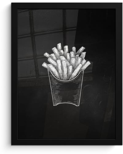 Poster in lijst - Fotolijst 30x40 cm - Posters - Friet - Witte krijttekening - Zwart - Posterlijst zwart - Decoratie - Wanddecoratie woonkamer - Muurdecoratie slaapkamer