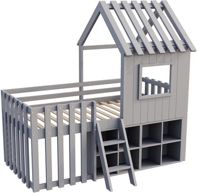 Kinderbed huisje - Huisbed 90x200 - Houten bed-Hoogslaper – Met dak – Opbergruimte – Ladder - Zonder matras - Kinderkamer - 90x200 cm- Speelbed-Grijs