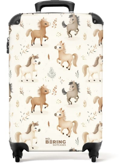 NoBoringSuitcases.com® - Kinderkoffer - Kindertrolley jongen en meisje - Patroon van veulens in beige en bruin kleuren - Handbagage koffer lichtgewicht - Reiskoffer trolley kinderen - Rolkoffer met wieltjes - Past binnen 55x40x20 en 55x35x25