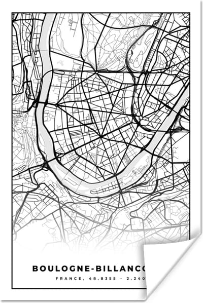 Poster Kaart - Plattegrond - Boulogne-Billancourt - Frankrijk - Stadskaart - Zwart wit - 120x180 cm XXL