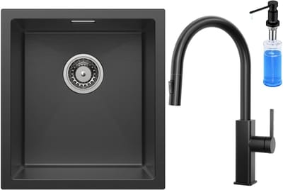 CECIPA max Spoelbak Antraciet 40x44CM - Spoelbak Keuken Met Uittrekbare Uitloop Keukenkraan en Zeepdispenser 300ML - Spoelbakken Keuken - Wasbak Keuken - RVS