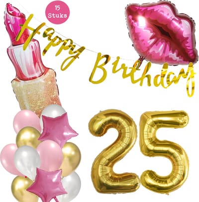 Snoes Beauty Helium Ballonnen Set 25 Jaar - Roze Folieballonnen - Slinger Happy Birthday Goud