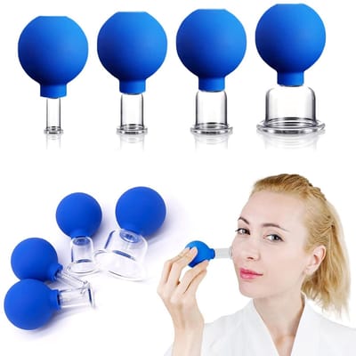 Set van 4 glazen gezichtscuppingsets | Siliconen vacuümzuiging | Cuppingmassagetherapie | Een set voor anti-cellulitis, anti-rimpel en een direct tijdloze huid | Voor ogen, gezicht en lichaam (blauw) - Cyslmuk®