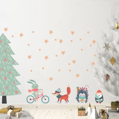 Kerstboom- en Scandinavische dierenstickers - zelfklevende kerststickers - feestdecoraties - 105x70cm
