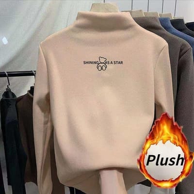 Haut uni en flanelle à col montant moyen pour le style automne et hiver pour femmes, doublure chaude épaisse en peluche, haut à manches longues 4XL abricot