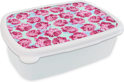 Broodtrommel Wit - Lunchbox - Brooddoos - Bloemen - Rozen - Patroon - 18x12x6 cm - Volwassenen