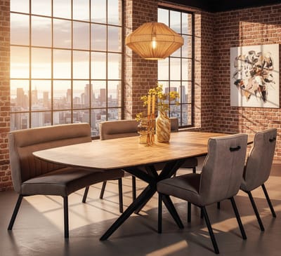 Eettafel Mango Lamulux Deens Ovaal 130x90 cm – Naturel Houten Look – Industriële Matrixpoot – Onderhoudsvriendelijk & Duurzaam – Moderne Eetkamertafel – Novihome