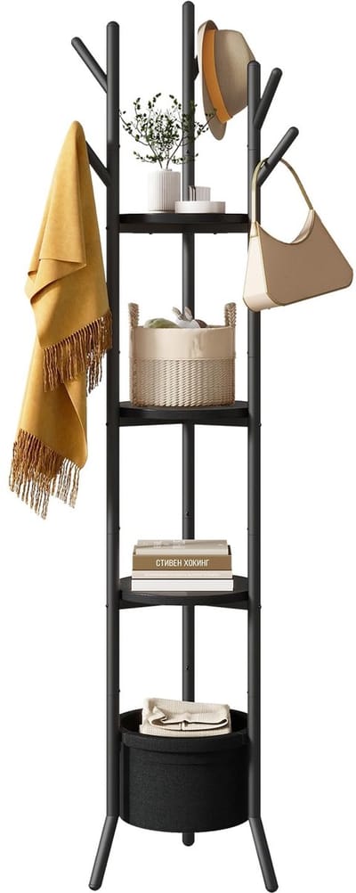 Ibenzoa® Vrijstaand kledingrek met houten planken en stoffen mand voor iedere ruimte