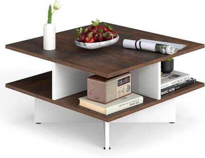 Vierkante Salontafel - Koffietafel Bijzettafel - Woonkamer Opbergen - Twee Niveaus Vakken - 60 x 60 x 32.5 cm