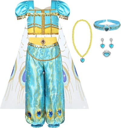 Jasmine Kostuum Set voor Meisjes met Jurk, Broek, Sieraad, Cape en Hoofdband voor Feestjes en Cosplay