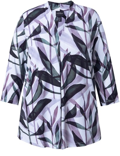 Ulla Popken - Dames - Slinky shirt bladeren A-lijn gobletkraag 3/4-mouwen - Sneeuwwit - Maat 42+