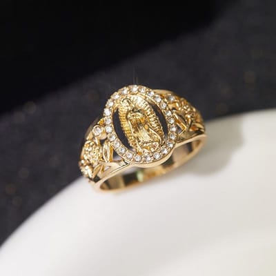 Klassieke Hip Hop Punk Goudkleurige Schedel Bloemen Ovaal Maria Portret Ring Unisex Mode Feest Sieraden Accessoires 7 beige