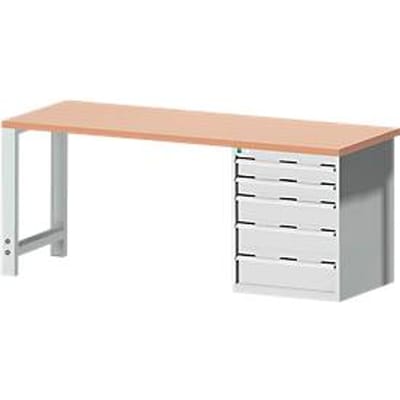Bott cubio werkbank, met ladekast, rood beukenhout, B 2000 x D 750 x H 840 mm, 700 kg, lichtgrijs RAL 7035