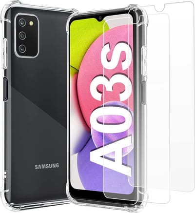 Anti-Shock silicone hoesje met 2 Pack Tempered glas Screen Protector Geschikt voor: Samsung Galaxy A03S