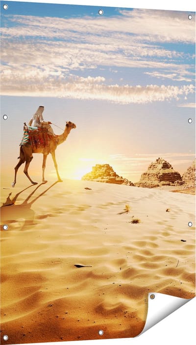 Gards Tuinposter Egyptische Piramides met een Kameel - 80x120 cm - Tuindoek - Tuindecoratie - Wanddecoratie buiten - Tuinschilderij