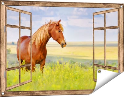 Gards Tuinposter Doorkijk Bruin Paard in de Wei - 90x60 cm - Tuindoek - Tuindecoratie - Wanddecoratie buiten - Tuinschilderij