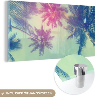 MuchoWow® Glasschilderij 40x20 cm - Schilderij acrylglas - Palmbomen - Palmbladeren - Palm - Zomer - Tropisch - Foto op glas - Schilderijen
