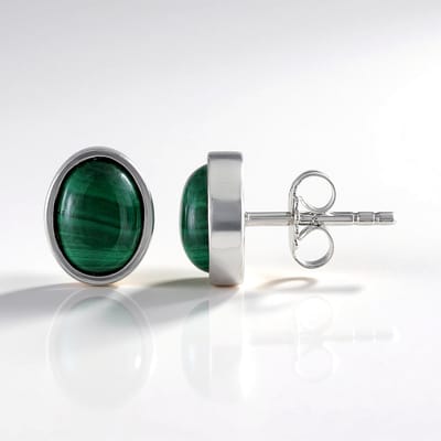 Cavill - 925 Zilver Oorbellen met 3,40 ct Ovale Malachiet uit Zambia - Gerhodineerd - Elegante Oorknopjes met Kliksluiting