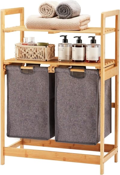 Bamboe Wasmand met 2 Planken en Uittrekbare Waszakken voor Badkamer, Slaapkamer en Keuken, 93 x 64 x 33 cm, Grijs, Ruimtebesparend en Duurzaam
