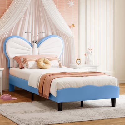 Kinderbed 90x190 cm Wit-Blauw – Fluwelen Vlinder Bed met LED Leeslampen, Verstelbaar Hoofdbord