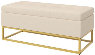 Bankje 110 x 44 x 49 cm, beige, staal, opbergbank, bankje, voeteneinde bank, schoenenwisselbank, met opbergruimte, zacht en comfortabel, geschikt voor slaapkamer, woonkamer en hal.