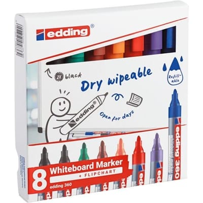 edding 360 whiteboardmarker set - diverse kleuren - 8 whiteboard stiften - ronde punt 1,5 - 3 mm - boardmarker uitwisbaar - voor whiteboard, flipchart, prikbord, memobord - sketchnotes - navulbaar - in kartonnen verpakking