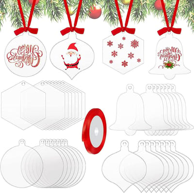 24 Stuks Transparante Kersthangertjes, Acryl Ornamenten voor Kerstboomdecoratie, Duidelijke Acryl Kerstversieringen met 1 Rol voor Creatieve Decoratie