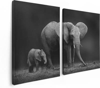 Artaza Canvas Schilderij Tweeluik Olifant Moeder En Zoon - Zwart Wit - 120x80 - Foto Op Canvas - Canvas Print
