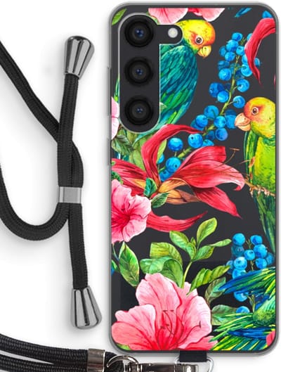 Case Company® - Hoesje met koord geschikt voor Samsung Galaxy S23 hoesje met Koord - Papegaaien - Telefoonhoesje met Zwart Koord - Bescherming aan alle Kanten en Over de Schermrand