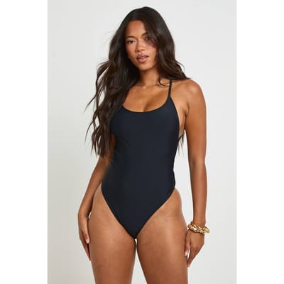 boohoo Dames Badpak Met Bandjes En Gehamerde Schijfdetail | Zwart | Maat: 34