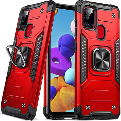 Hoesje Geschikt Voor Samsung Galaxy A21S Hoesje - Heavy Duty Armor hoesje Rood – ringhouder met Magnetisch Auto Mount