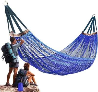 Campinghangmat voor buiten, boomschommel met net, Blauw 260 x 130 cm, ademende, lichtgewicht stof, hangbed, draagbaar hangbed voor tuin, balkon, wandelen en reizen | Cyslmuk®