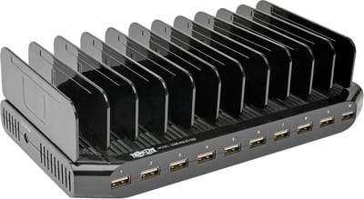 Tripp Lite 10-Port USB Charging Station with Adjustable Storage 12V 8A (96W) USB-oplader Output Schuko Stroom Cord Stroom AV / multimedia paneel - 10 x 4 pin USB Type A - 96 Watt