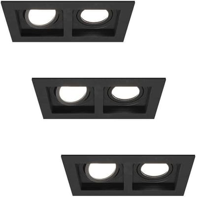 HOFTRONIC - Set van 3 Fresno Dubbele Inbouwspots - Rechthoek - 2x GU10 - 6000K Daglicht wit - 10 Watt 800 lumen - Kantelbaar - IP20 stofdicht - Zwart
