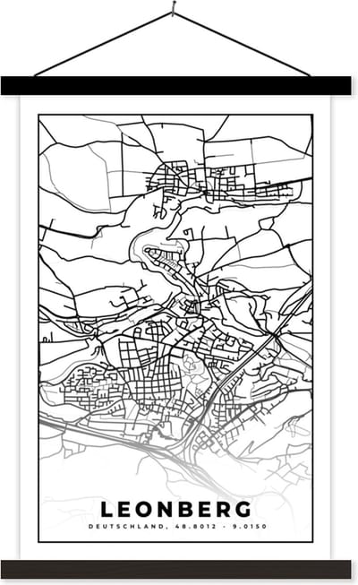 Posterhanger incl. Poster 40x60 cm - Schoolplaat - Leonberg - Plattegrond - Kaart - Stadskaart - Textielposter - Zwarte latten - Stadskaart