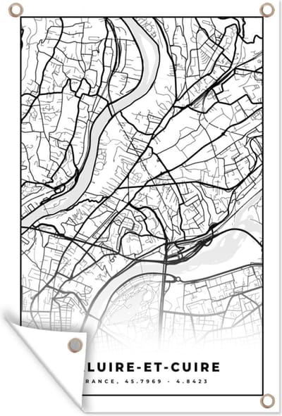 Muurdecoratie Stadskaart - Plattegrond - Kaart - Frankrijk - Caluire-et-Cuire - Zwart wit - 120x180 cm - Tuinposter - Tuindoek